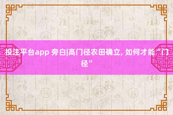 投注平台app 旁白|高门径农田确立， 如何才能“门径”