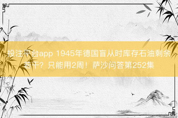 投注平台app 1945年德国盲从时库存石油剩余若干？只能用2周！萨沙问答第252集